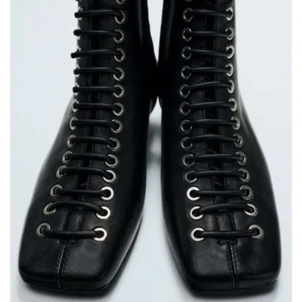 ZARA LACED LEATHER HIGH TOP KITTEN HEELS SZ 9